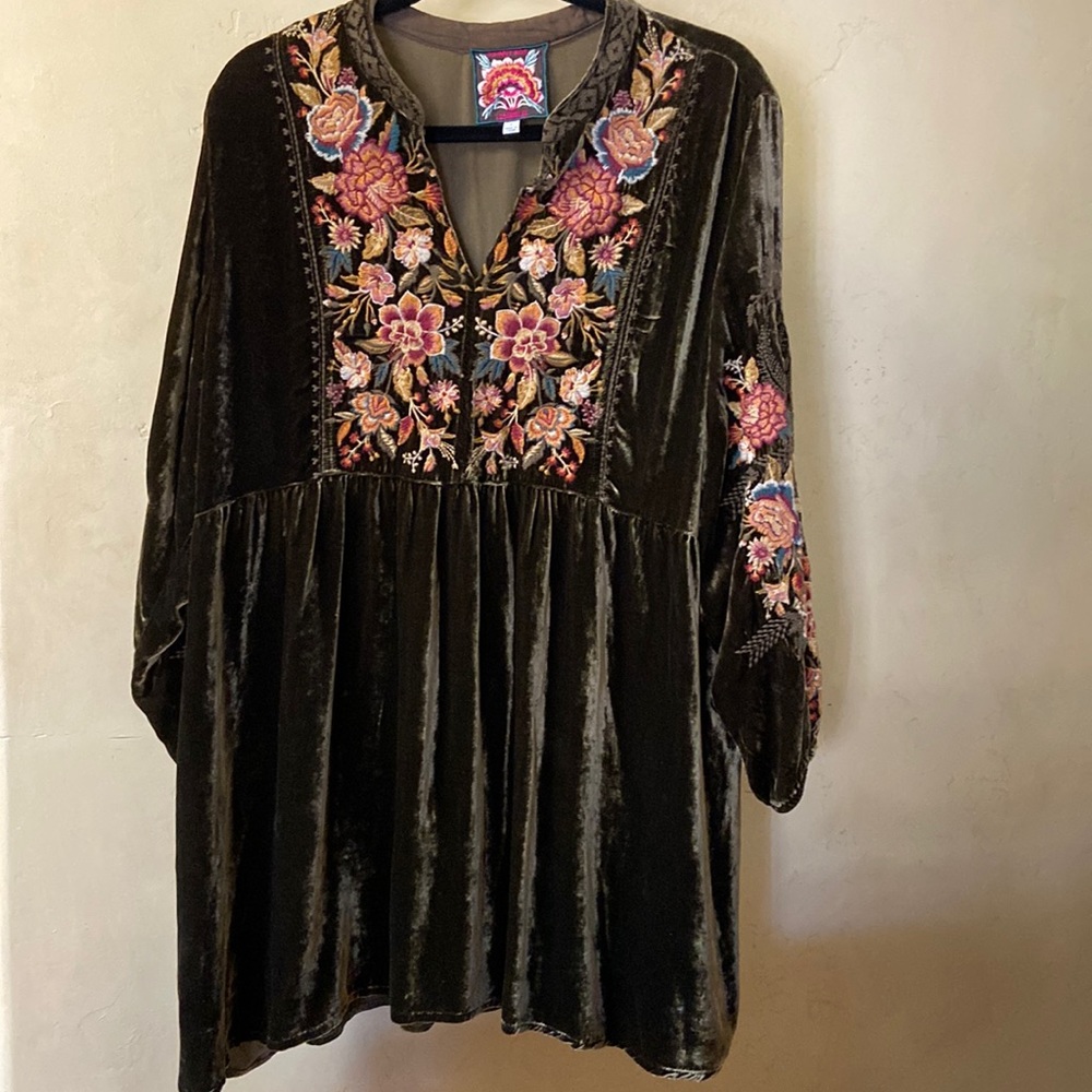 Johnny Was Embroidered Olive Velvet dress.